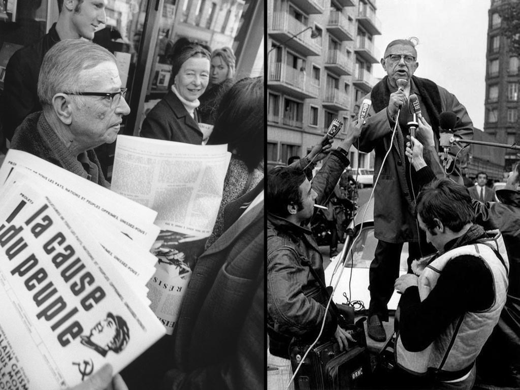 Sartre på barrikaderna under studentupproren i Paris 1968.